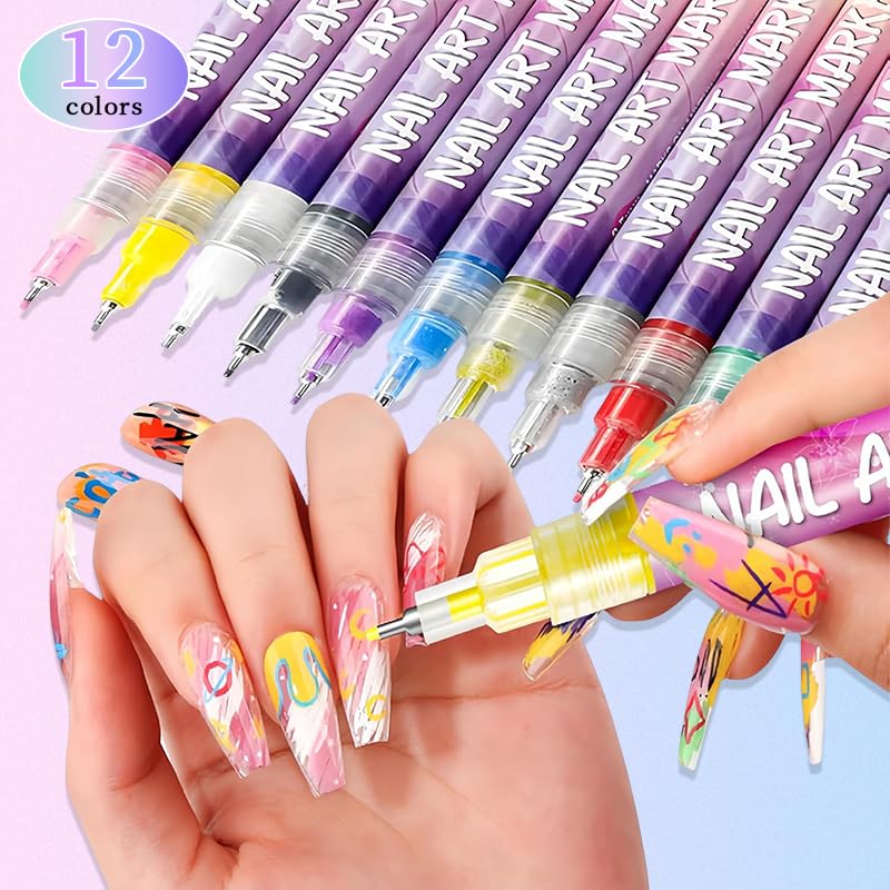 12 Colors Nail Art Pens Set, 2026 Upgraded Nail Art Markers, Fine Tip Nail Art Pen 0.5mm, Portable Nail Art Tools for Dotting Drawing Painting Liner DIY (12pcs) - Image 2