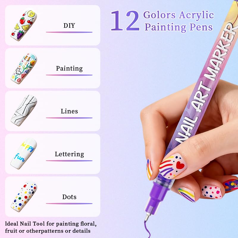 12 Colors Nail Art Pens Set, 2026 Upgraded Nail Art Markers, Fine Tip Nail Art Pen 0.5mm, Portable Nail Art Tools for Dotting Drawing Painting Liner DIY (12pcs) - Image 3