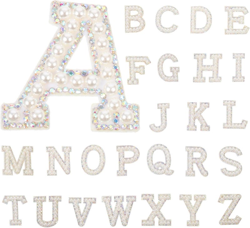 SHOWERORO 26pcs Iron-on Rhinestone Pearl Letter Patches DIY Clothing Repair Applique for Jackets Hats Bags Adhesive Backing Craft Decor - Image 1