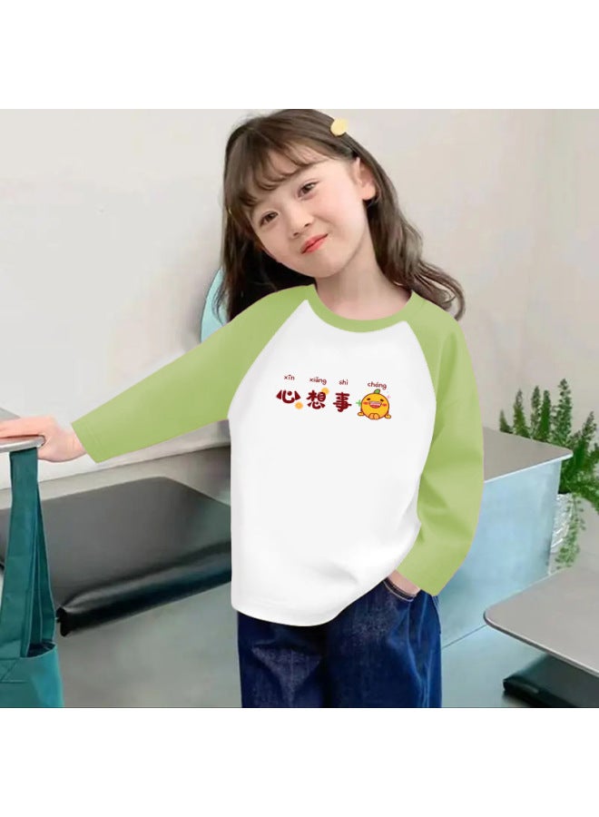 Girls' Slim-fit Base Shirt, New Spring And Autumn Style, Curved Hem, Pure Cotton, Long-sleeve, Versatile Color-blocking, Round Neck T-shirt For Older Children