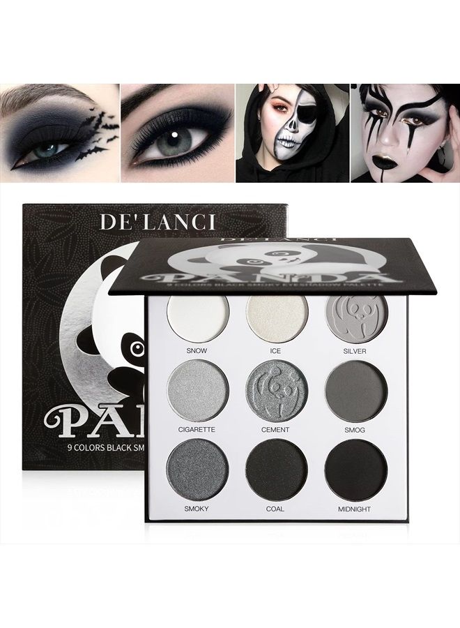 ecofavor Black Smoky Eye shadow Palette, DE'LANCI PANDA 9 Colors True Black Dark Grey Smokey Eyeshadow Palette Goth Makeup Pallet, 9 Soft Matte Shimmer High Pigmented Basic Black White Gray Shade for Halloween - Image 1