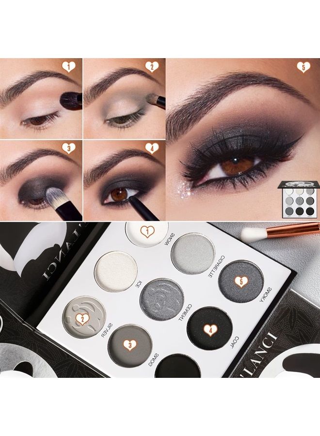 ecofavor Black Smoky Eye shadow Palette, DE'LANCI PANDA 9 Colors True Black Dark Grey Smokey Eyeshadow Palette Goth Makeup Pallet, 9 Soft Matte Shimmer High Pigmented Basic Black White Gray Shade for Halloween - Image 3
