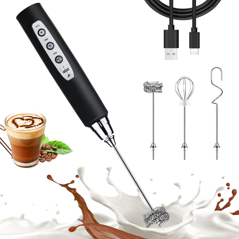 Nahida Black Milk Frother Wand for Coffee Frother Handheld Rechargeable Electric Whisk Drink Mixer with 3 Heads 3 Speeds Coffee Frother Electric Stirrer For Latte Cappuccino Hot Chocolate