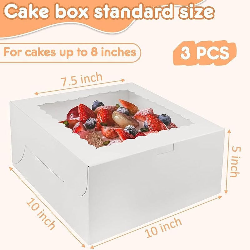 Rindion 3pcs 10x10x4.5 Inches Cake Boxs, Disposable Bakery Boxes with Window, White Square Bakery Boxes for Cakes, Donuts, Cookies, Chocolate, Pies, Wedding, Birthday, Party - Image 2
