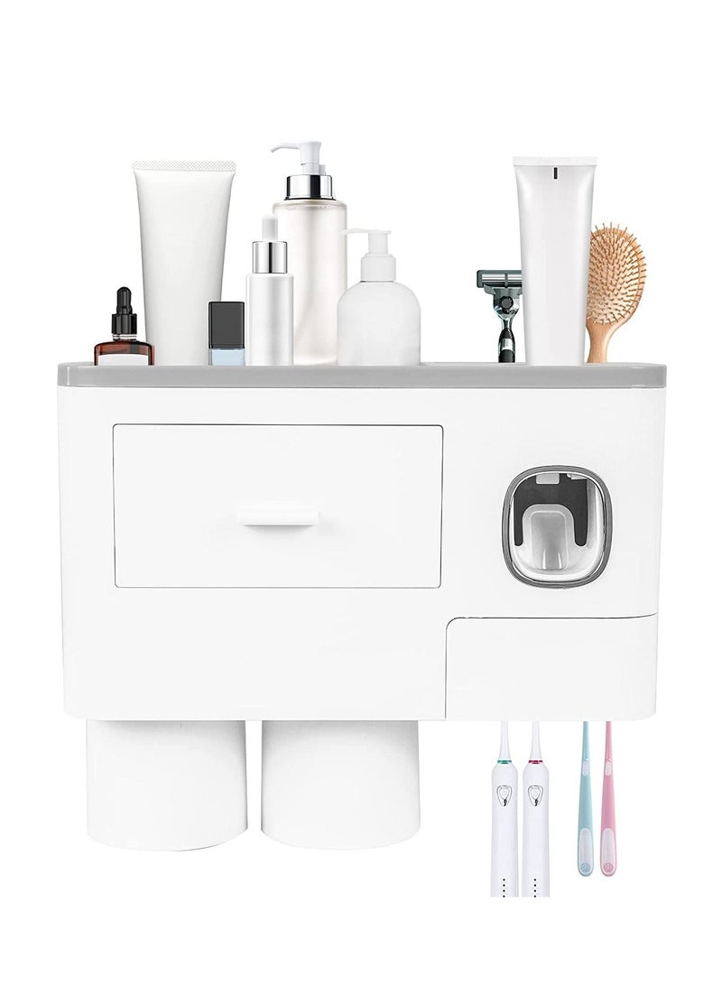 سكاي تاتش 2 كوب حامل فرشاة أسنان مثبت على الحائط متعدد الوظائف موفر للمساحة وحامل معجون أسنان مع درج لمنظم مستحضرات التجميل للحمام والحمام - Image 1