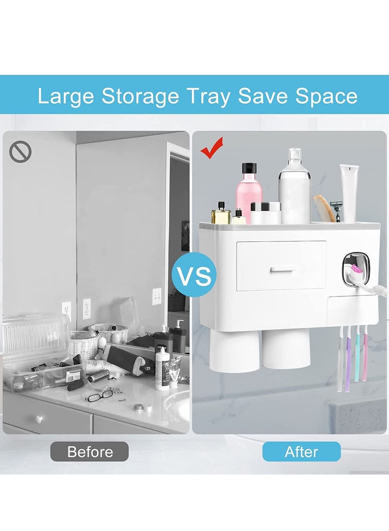 سكاي تاتش 2 كوب حامل فرشاة أسنان مثبت على الحائط متعدد الوظائف موفر للمساحة وحامل معجون أسنان مع درج لمنظم مستحضرات التجميل للحمام والحمام - Image 3