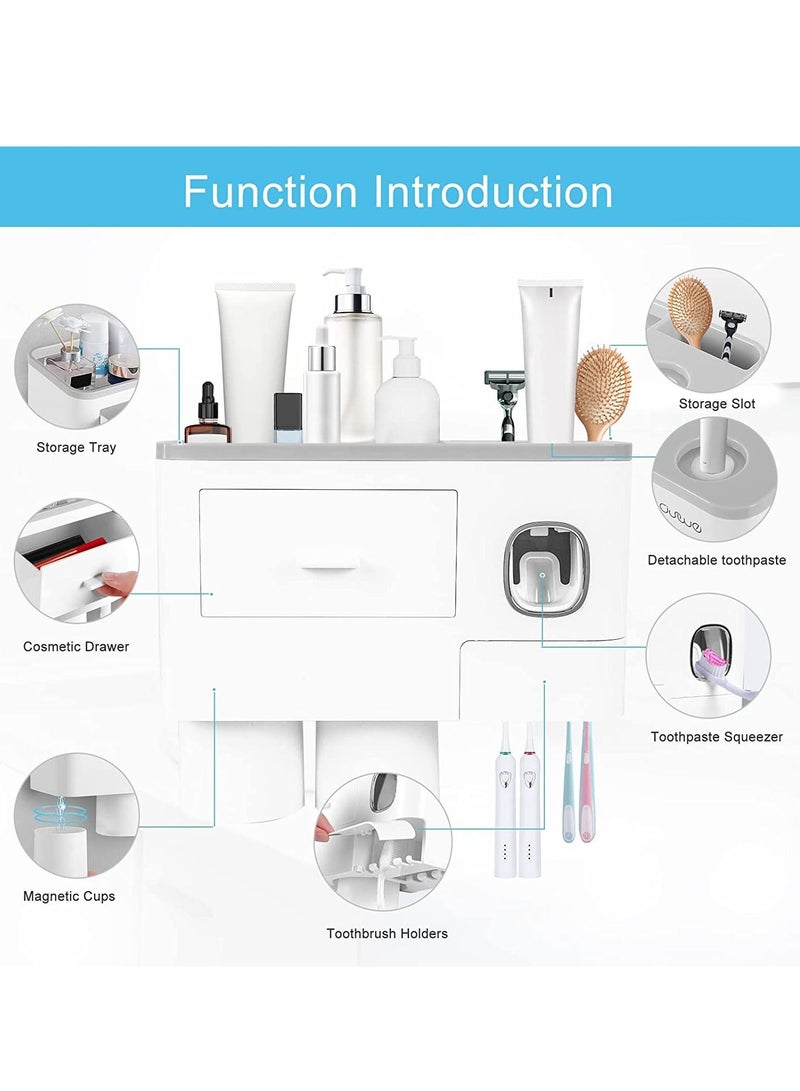 سكاي تاتش 2 كوب حامل فرشاة أسنان مثبت على الحائط متعدد الوظائف موفر للمساحة وحامل معجون أسنان مع درج لمنظم مستحضرات التجميل للحمام والحمام - Image 4
