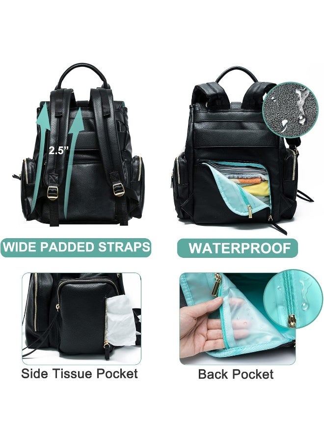 MOMINSIDE حقيبة ظهر مومنسيد للحفاضات، حقيبة أطفال جلدية، سعة كبيرة، 4 جيوب معزولة، حقيبة رطبة وجافة، وسادة تغيير - Image 4