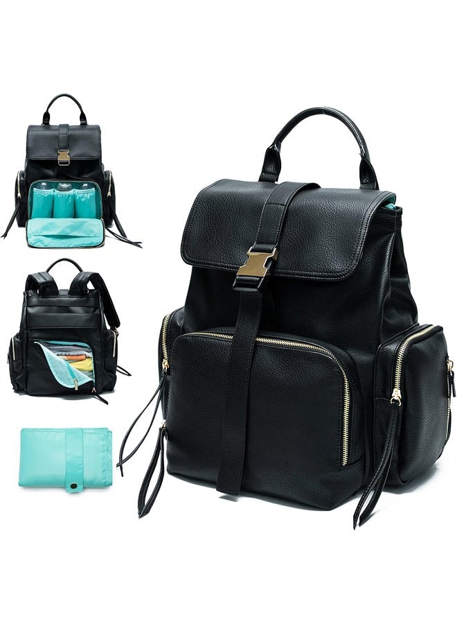 MOMINSIDE حقيبة ظهر مومنسيد للحفاضات، حقيبة أطفال جلدية، سعة كبيرة، 4 جيوب معزولة، حقيبة رطبة وجافة، وسادة تغيير - Image 1