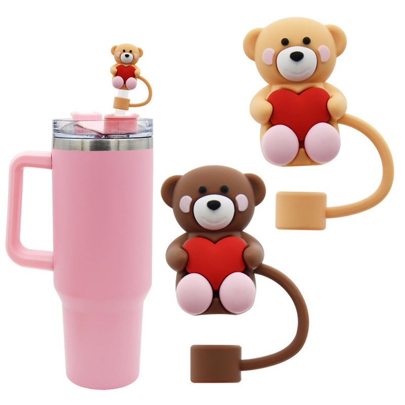 Meitesti Straw Cover Cap for Stanley Cup, Heart-shaped Straw Topper Compatible with 30&40 Oz Tumbler with Handle,10mm 0.4in StrawTips Lids Lover Couple Fun Gifts (2pcs Bear Love Straw Cap) - Image 1