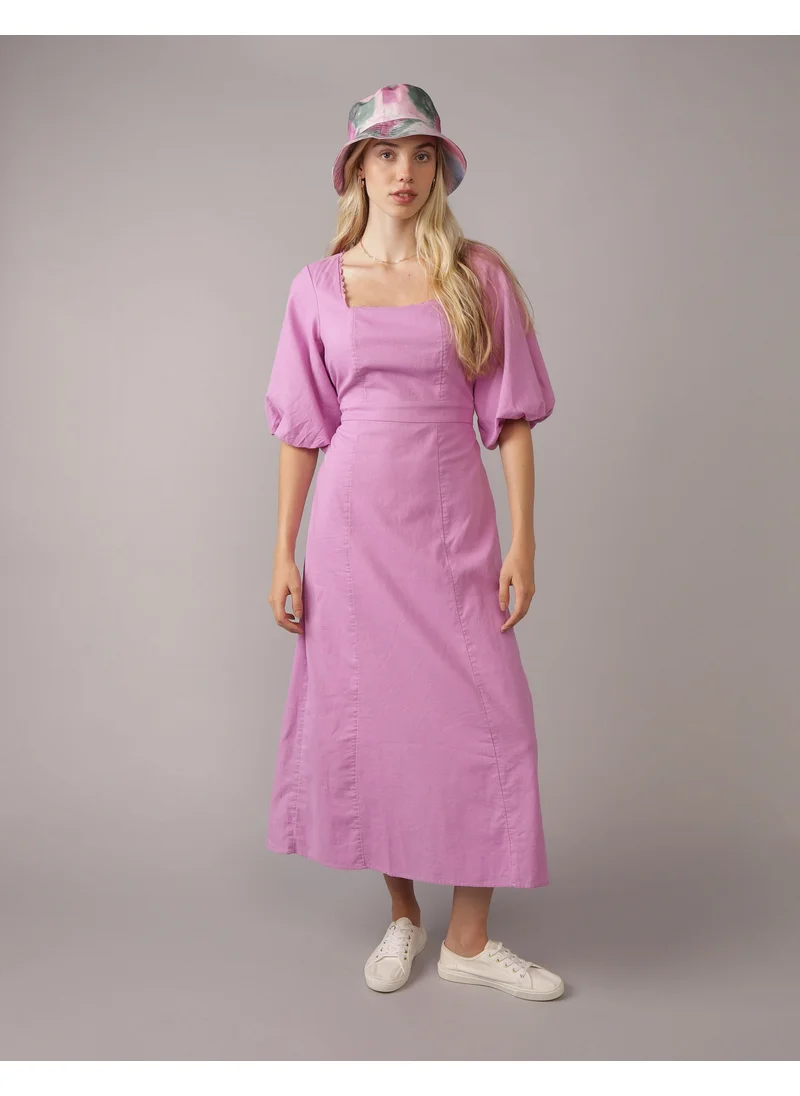 American Eagle AE Linen-Blend Puff Sleeve Tie Back Midi Dress
