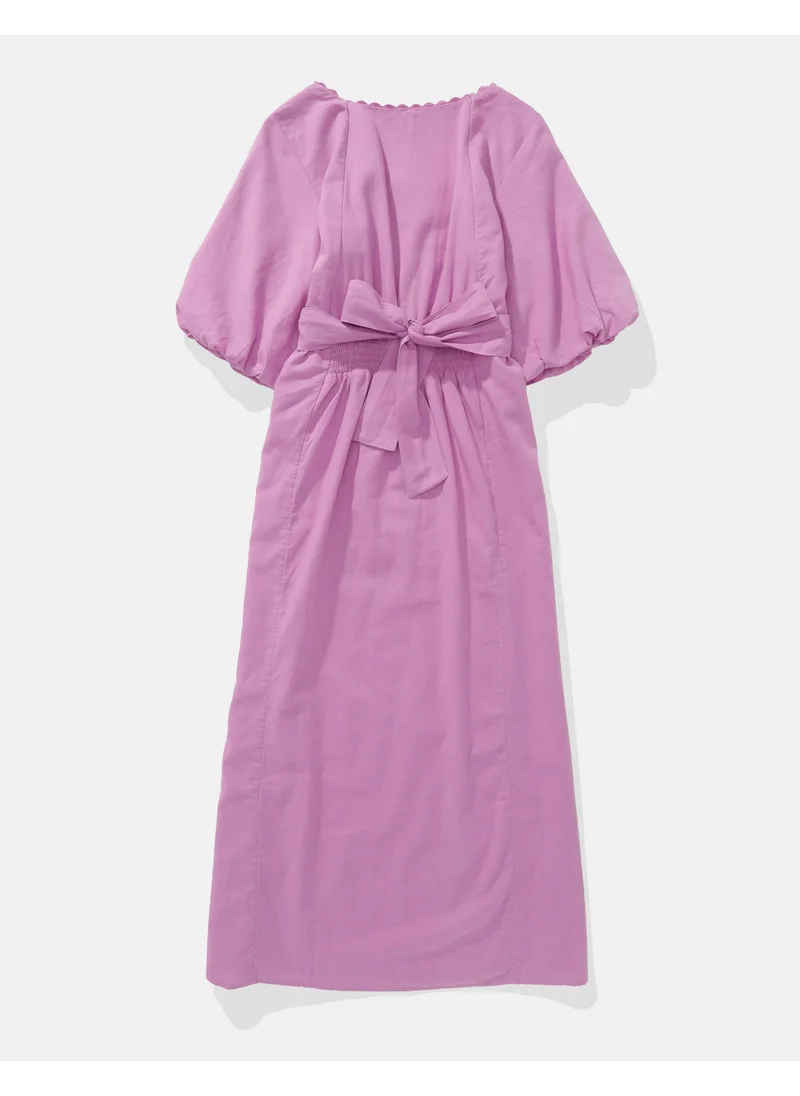 American Eagle AE Linen-Blend Puff Sleeve Tie Back Midi Dress