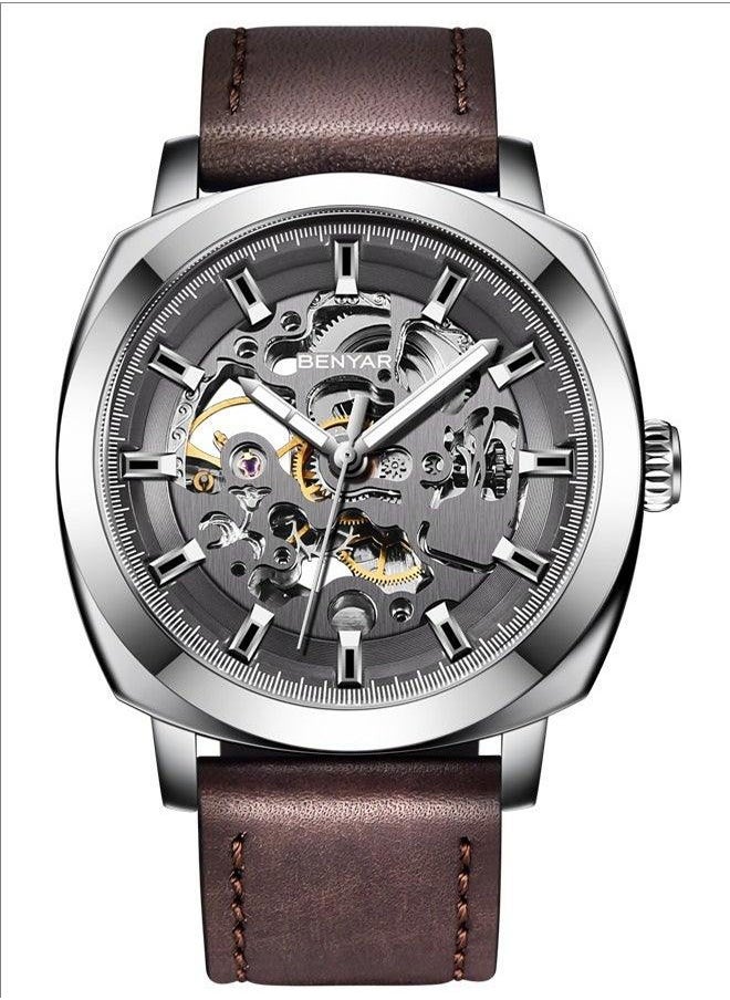 Men's Automatic Watch, Leather Strap Skeleton Mechanical Movement Waterproof Watch Men's Lume Pointer BY-5121 Silver Brown