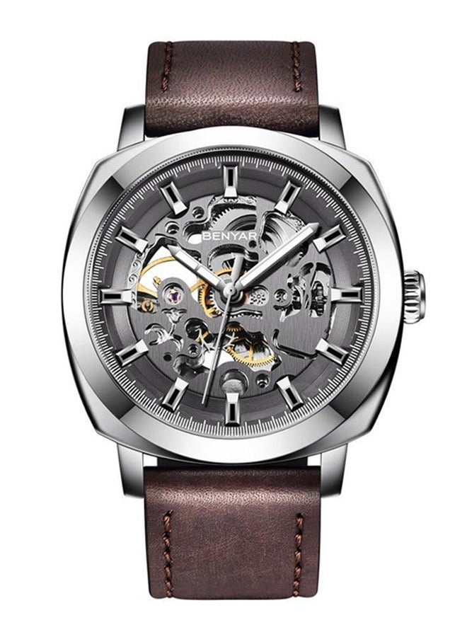 BENYAR Men's Automatic Mechanical Watch Business Sports Watch Leather Strap Waterproof Watch Luminous Pointer BY-5121 Silver Brown - Image 1