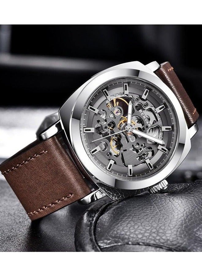 BENYAR Men's Automatic Mechanical Watch Business Sports Watch Leather Strap Waterproof Watch Luminous Pointer BY-5121 Silver Brown - Image 3