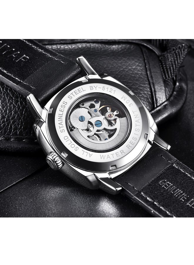Men's Automatic Watch, Leather Strap Skeleton Mechanical Movement Waterproof Watch Men's Lume Pointer BY-5121 Silver Brown