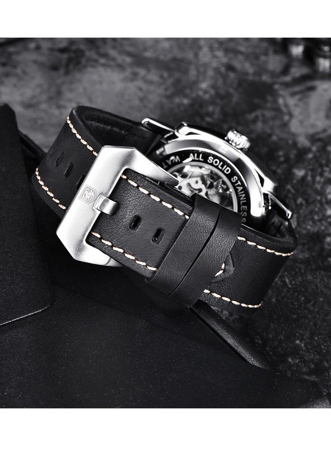 Men's Automatic Watch, Leather Strap Skeleton Mechanical Movement Waterproof Watch Men's Lume Pointer BY-5121 Silver Brown