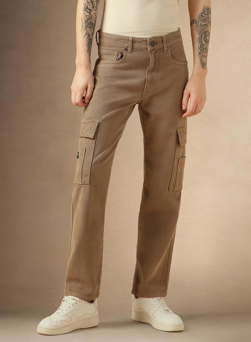 Dennis Lingo Men's Beige 100% Cotton Solid Full Length Relaxed Fit Jeans