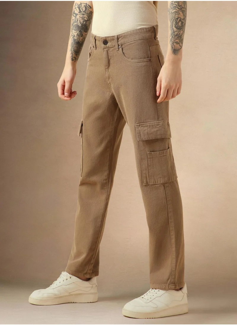 Dennis Lingo Men's Beige 100% Cotton Solid Full Length Relaxed Fit Jeans
