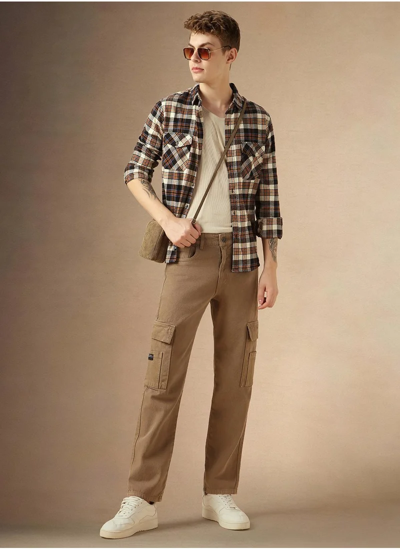 Dennis Lingo Men's Beige 100% Cotton Solid Full Length Relaxed Fit Jeans