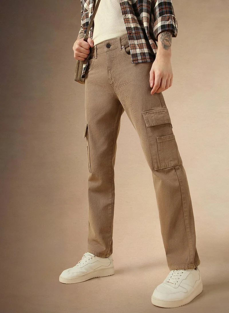 Dennis Lingo Men's Beige 100% Cotton Solid Full Length Relaxed Fit Jeans