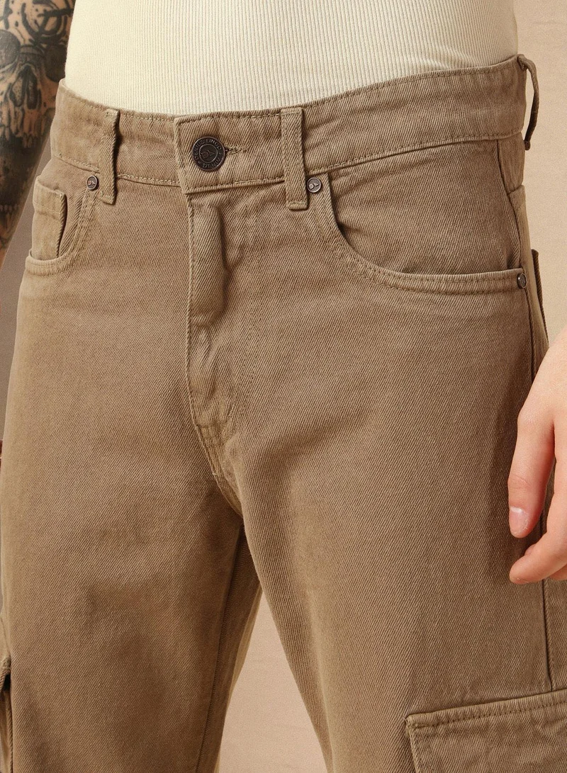 Dennis Lingo Men's Beige 100% Cotton Solid Full Length Relaxed Fit Jeans