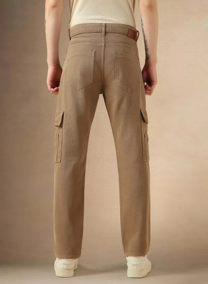 Dennis Lingo Men's Beige 100% Cotton Solid Full Length Relaxed Fit Jeans