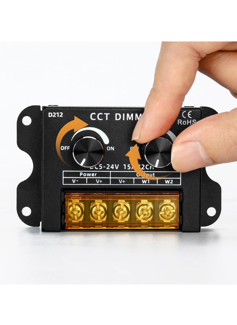 DC 5V-24V 30A LED Double Knob Dimmer, PWM Dimming Controller, Dual Color Temperature Dimmer with Off On Switches, Adjustable for CCT and Single Channel 5050 3528 Light Strips, Control Brightness