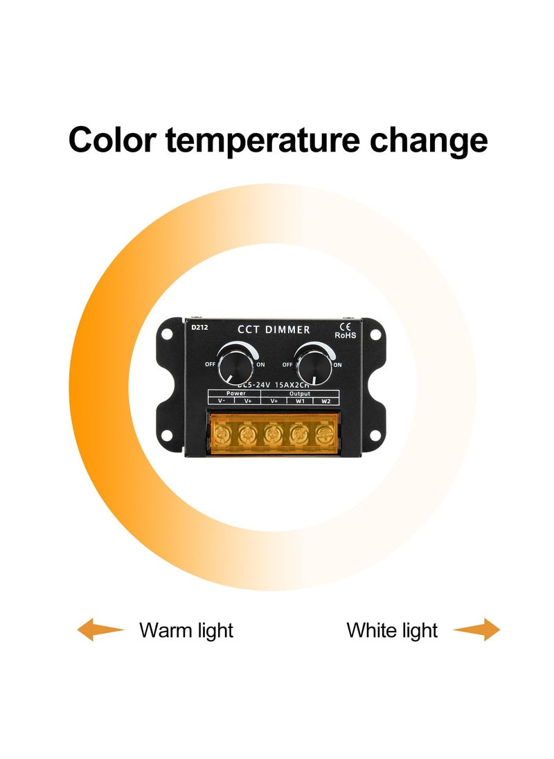 DC 5V-24V 30A LED Double Knob Dimmer, PWM Dimming Controller, Dual Color Temperature Dimmer with Off On Switches, Adjustable for CCT and Single Channel 5050 3528 Light Strips, Control Brightness
