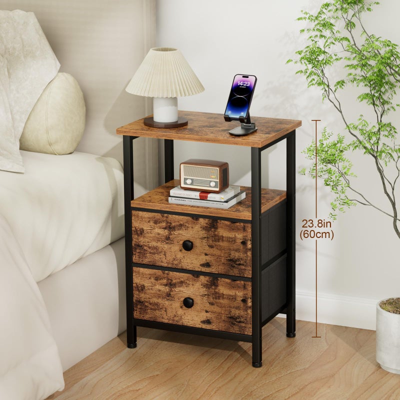 LOAKEKEL Night Stand Set 2, Bed Side Table with 2 Fabric Drawers, Nightstand with Open Storage Shelf for Bedroom, Small End Tables Living Room, Rustic Brown, HETS002BR - Image 3