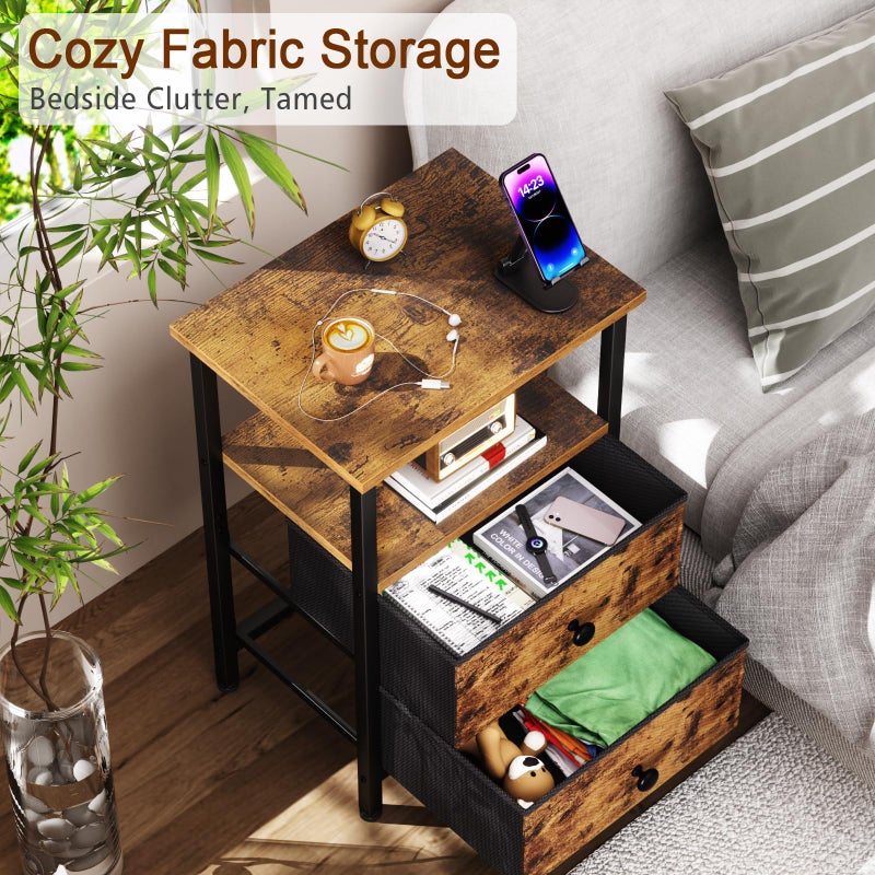 LOAKEKEL Night Stand Set 2, Bed Side Table with 2 Fabric Drawers, Nightstand with Open Storage Shelf for Bedroom, Small End Tables Living Room, Rustic Brown, HETS002BR - Image 5
