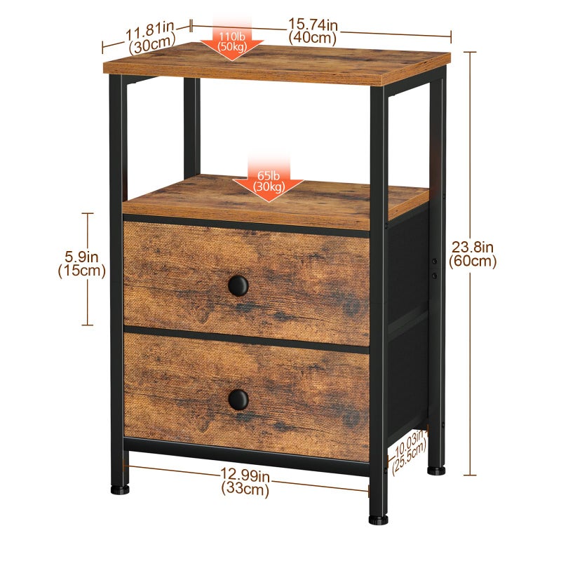 LOAKEKEL Night Stand Set 2, Bed Side Table with 2 Fabric Drawers, Nightstand with Open Storage Shelf for Bedroom, Small End Tables Living Room, Rustic Brown, HETS002BR - Image 4