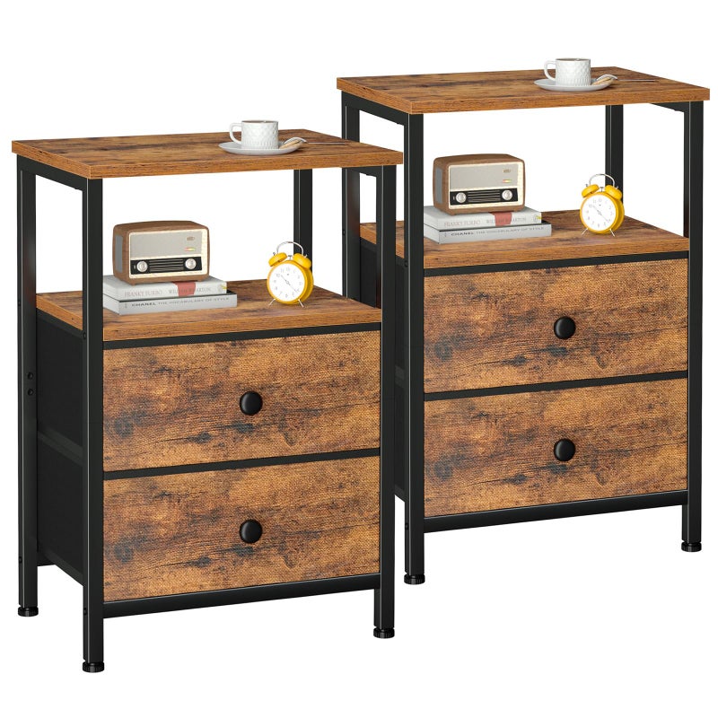 LOAKEKEL Night Stand Set 2, Bed Side Table with 2 Fabric Drawers, Nightstand with Open Storage Shelf for Bedroom, Small End Tables Living Room, Rustic Brown, HETS002BR - Image 1