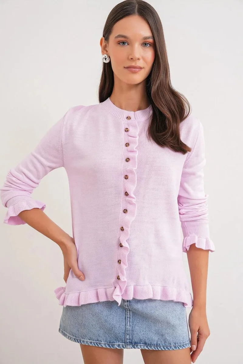 Mixray MIXRAY Frilly Ribbed Knit Cardigan