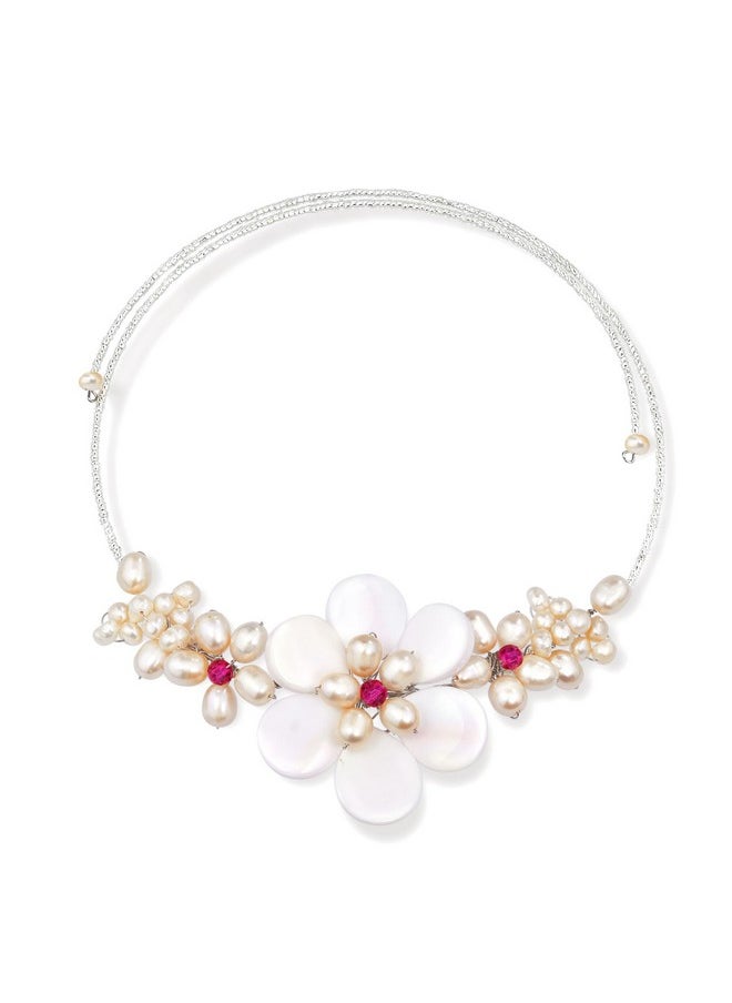 AeraVida Gradual Flower Pink Mother Of Pearl & Cultured Freshwater Pink Pearl Cluster Wrap Choker Necklace  - Image 1