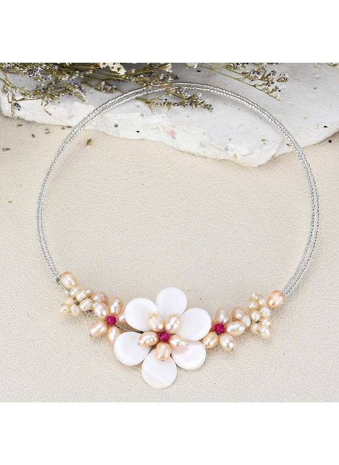 AeraVida Gradual Flower Pink Mother Of Pearl & Cultured Freshwater Pink Pearl Cluster Wrap Choker Necklace  - Image 2
