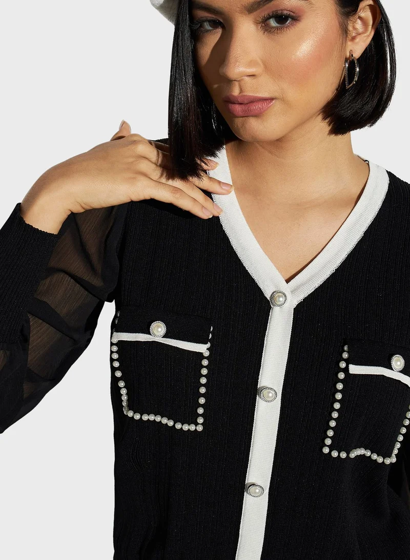 تواكستريمز Embellished Pocket Detail Puff Sleeve Sweater