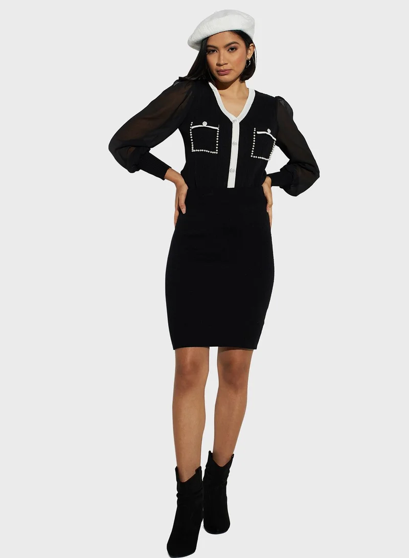 تواكستريمز Embellished Pocket Detail Puff Sleeve Sweater