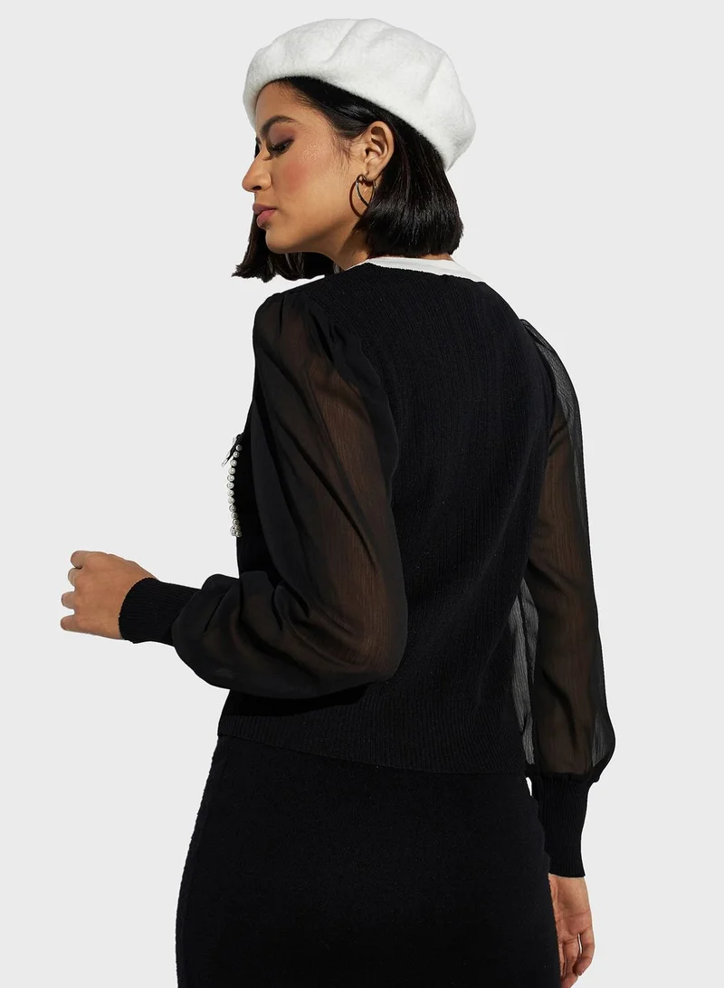 تواكستريمز Embellished Pocket Detail Puff Sleeve Sweater