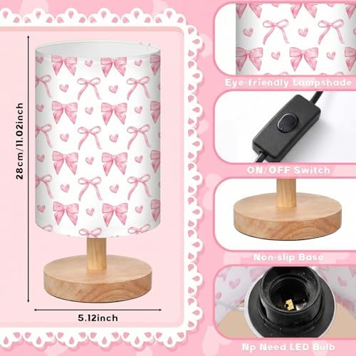 Glooglitter Pink Bow Table Lamp Gifts 3 Colors Dimmable Lights 11.02 x 5.12 Inch Night Light Bedside Lamps Decoration for Bedroom Desk Birthday Gifts for Home Decor - Image 2