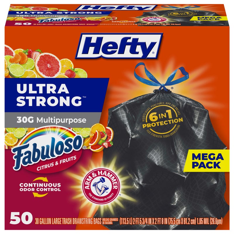 Hefty Ultra Strong 30 Gallon Trash Bags, Large Trash Bags 30 Gallon Size, Multipurpose, Break Resistant Drawstring Closure, Resists Leaks, Punctures, and Tears, Black, Fabuloso Scent, 50 Bags - Image 1