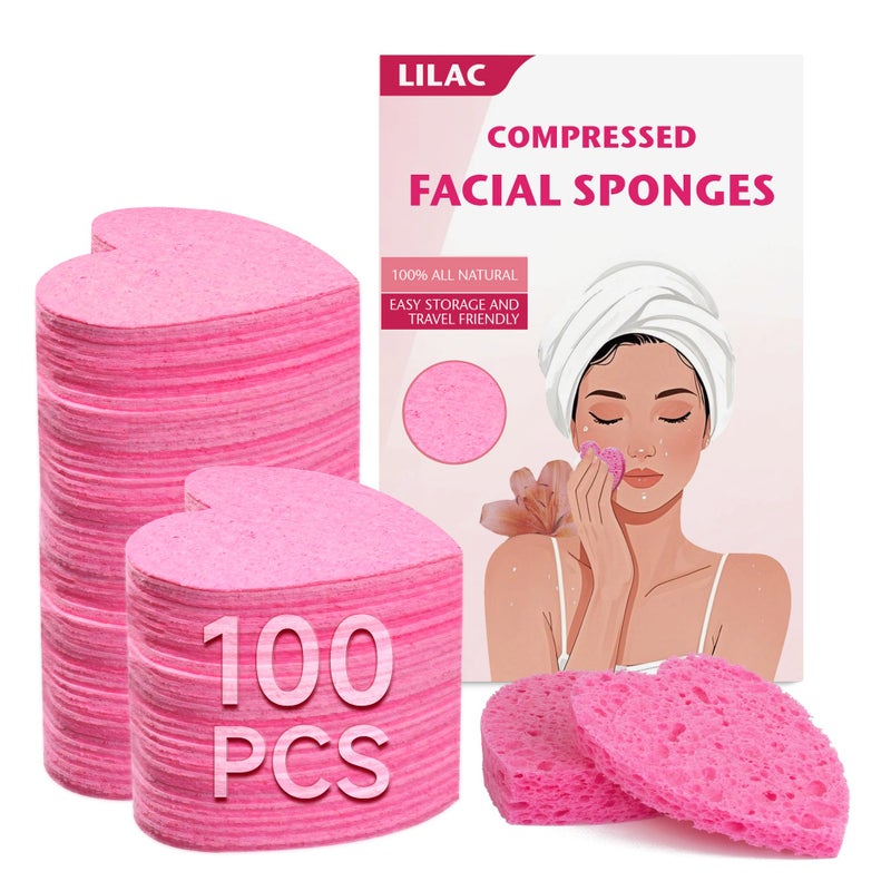 Lilac 100 Count Compressed Pink Heart Facial Sponges 100% Natural Cellulose Eco-Friendly Makeup Sponges for Gentle Cleansing, Exfoliating & Stubborn Makeup Removal Travel & Home Beauty Essentials for Women - Image 1