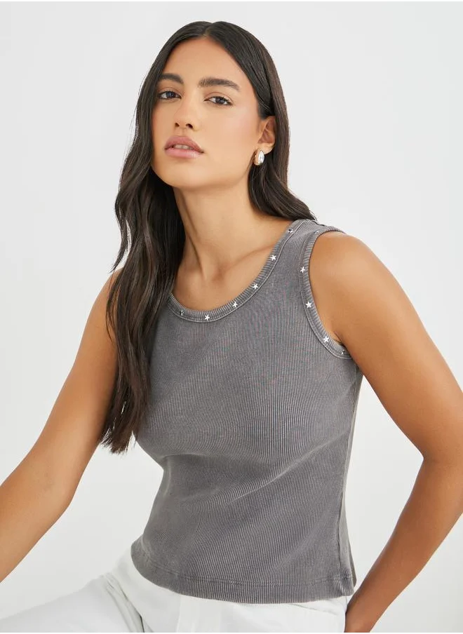 ستايلي Styli Ribbed Acid Washed Fitted Tank Top with Star Stud Detail