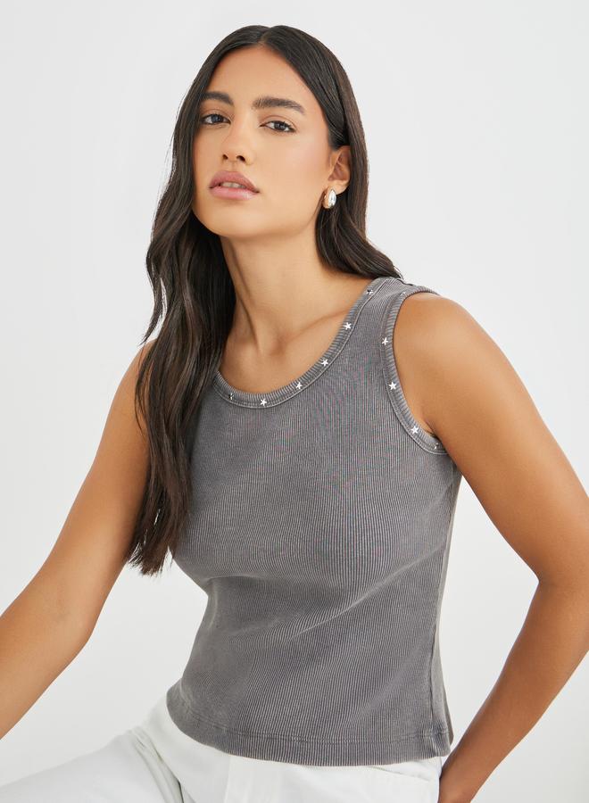 Styli Styli Ribbed Acid Washed Fitted Tank Top with Star Stud Detail  - Image 1