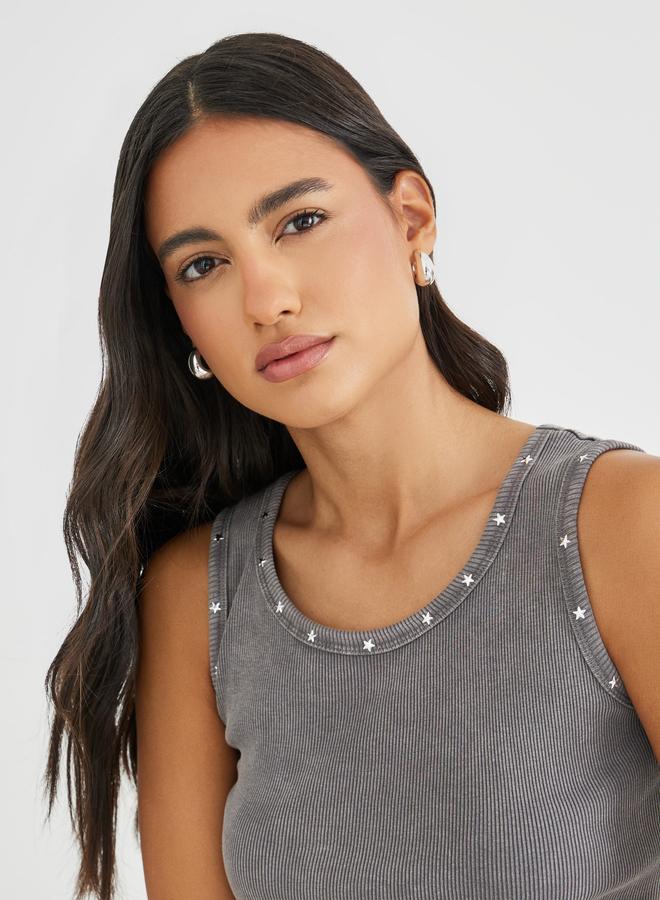 Styli Styli Ribbed Acid Washed Fitted Tank Top with Star Stud Detail  - Image 3