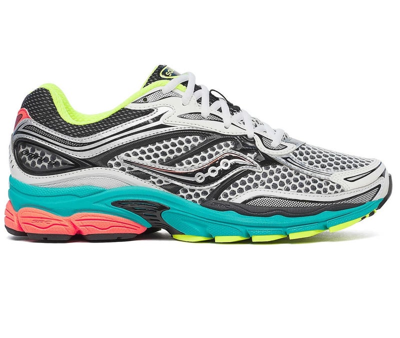 Saucony ProGrid Omni 9 Men's Running Shoes, Premium Stability Road Running Sneakers, Breathable Mesh Athletic Sports Shoes, Cushioned Comfort Training Walking Gym Fitness Shoes, White Black Teal Neon - Image 1