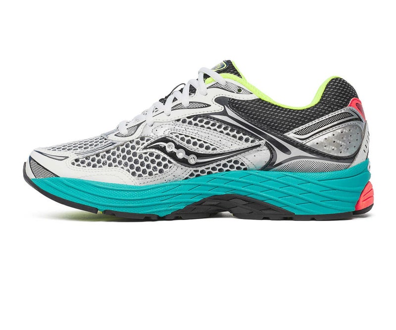 Saucony ProGrid Omni 9 Men's Running Shoes, Premium Stability Road Running Sneakers, Breathable Mesh Athletic Sports Shoes, Cushioned Comfort Training Walking Gym Fitness Shoes, White Black Teal Neon - Image 2