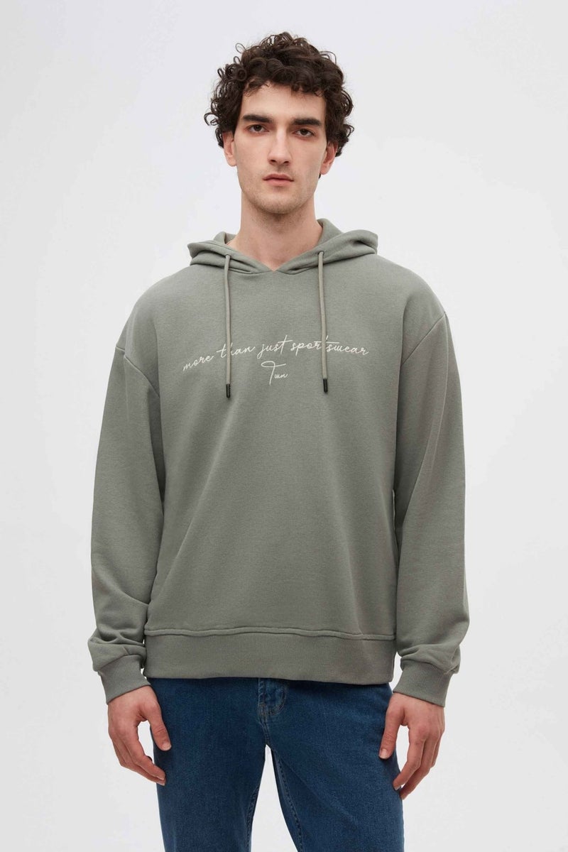 twn Relaxed Fit Khaki Embroidered 3 Thread Hooded Sweatshirt  - Image 1