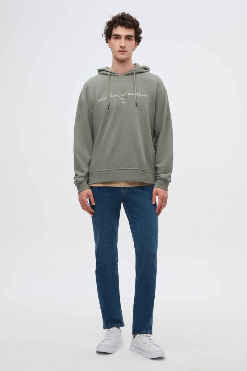 twn Relaxed Fit Khaki Embroidered 3 Thread Hooded Sweatshirt  - Image 3