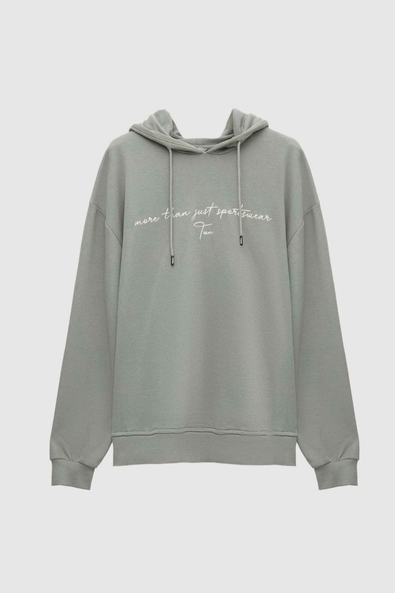 twn Relaxed Fit Khaki Embroidered 3 Thread Hooded Sweatshirt  - Image 4